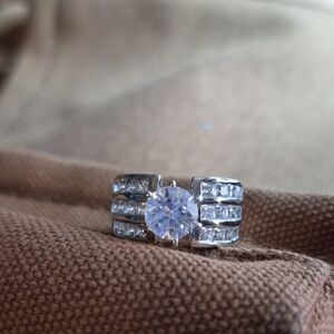Sterling Silver Round Solitare w Rows Channel Set  CZ Engagement Statement Ring